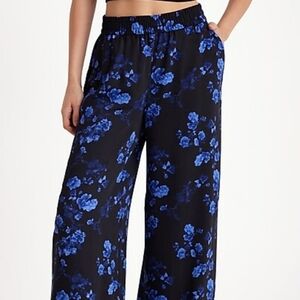 Express Blue and Black Floral Wide-Leg Pants